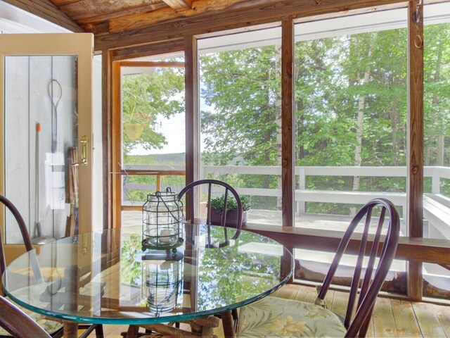 dining space featuring wood ceiling