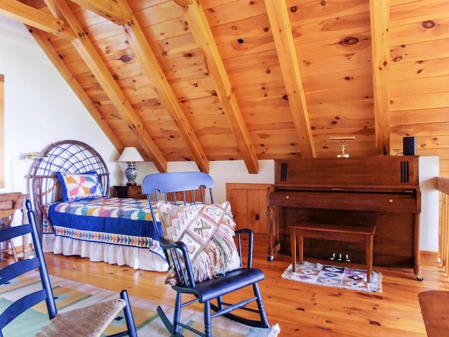 bedroom with wooden ceiling, wood finished floors, and lofted ceiling with beams