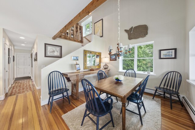 22 Porter Rd, Belfast, ME 04915 - dining space with a baseboard heating unit, baseboards, wood finished floors, and recessed lighting