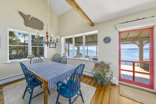22 Porter Rd, Belfast, ME 04915 - dining space with high vaulted ceiling, wood finished floors, a chandelier, baseboards, and beam ceiling