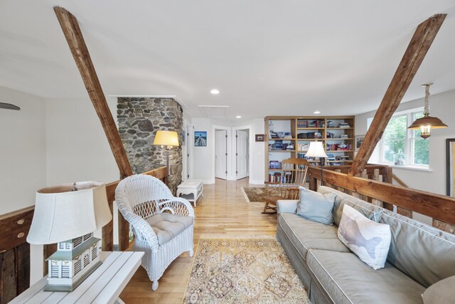 22 Porter Rd, Belfast, ME 04915 - living room featuring attic access, baseboards, wood finished floors, and recessed lighting
