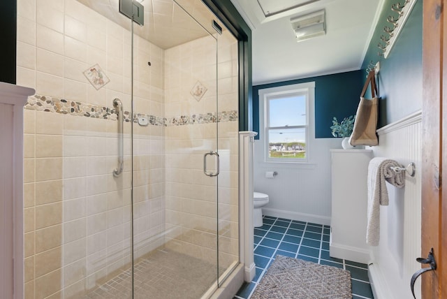 1 Moore Ln, Biddeford, ME 04005 - full bath with toilet, tile patterned floors, a shower stall, and wainscoting