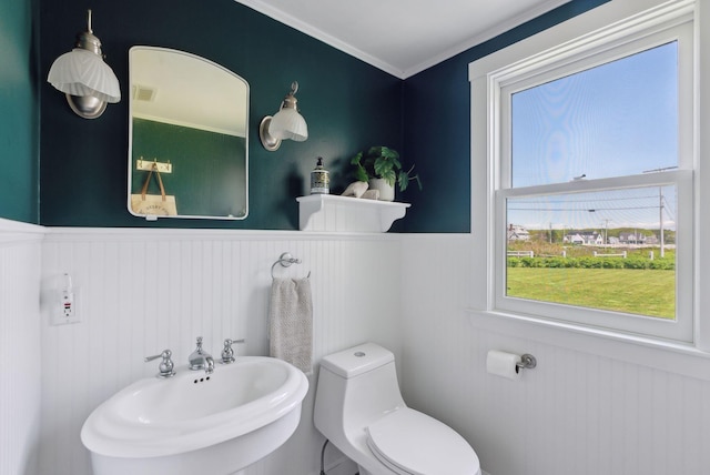 1 Moore Ln, Biddeford, ME 04005 - half bath with a sink, a wainscoted wall, toilet, and ornamental molding