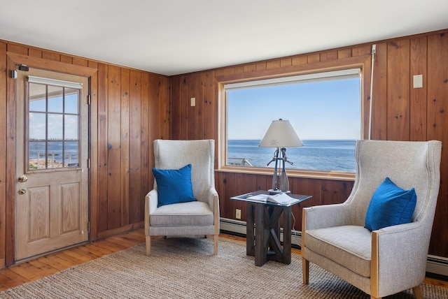 1 Moore Ln, Biddeford, ME 04005 - living area featuring wood finished floors, wooden walls, and a baseboard radiator