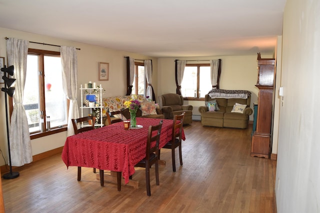 dining space with baseboards, a baseboard radiator, and wood finished floors