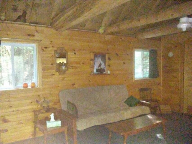 14 Mountain Stream Ln, Moscow, ME 04920 - living area featuring wood walls and beamed ceiling