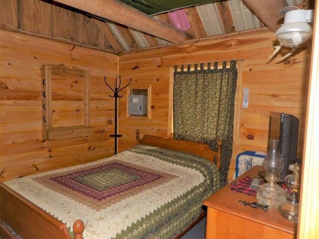 14 Mountain Stream Ln, Moscow, ME 04920 - bedroom featuring lofted ceiling with beams and wood walls