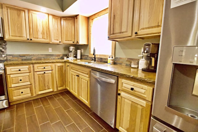 476 N Rd, Medford, ME 04463 - kitchen featuring a sink, stone counters, appliances with stainless steel finishes, and light brown cabinets