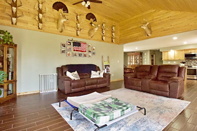 476 N Rd, Medford, ME 04463 - living room with wood ceiling, ceiling fan, high vaulted ceiling, dark wood-style floors, and recessed lighting