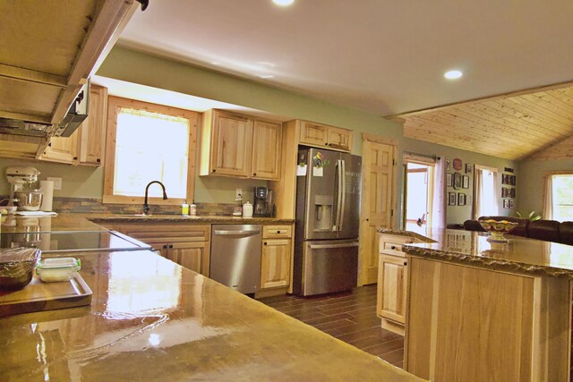 476 N Rd, Medford, ME 04463 - kitchen with appliances with stainless steel finishes, a sink, light brown cabinets, recessed lighting, and dark wood-style floors