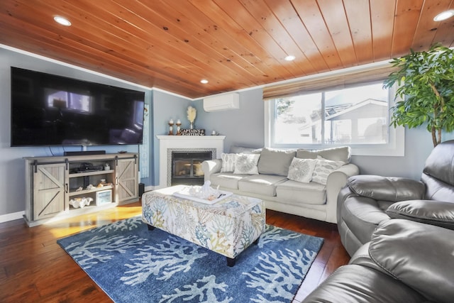 living room with wood ceiling, recessed lighting, and a wall unit AC