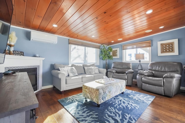living area featuring wooden ceiling, a wall mounted AC, and ornamental molding