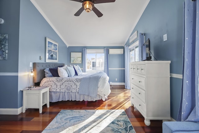 bedroom featuring wood finished floors, a wall mounted AC, baseboards, lofted ceiling, and ornamental molding