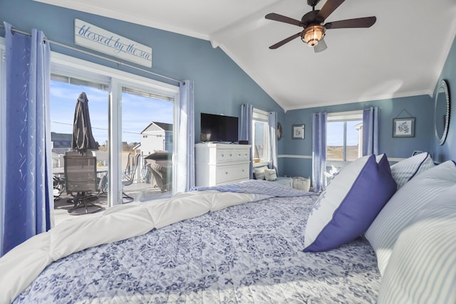 bedroom with vaulted ceiling, access to exterior, crown molding, and a ceiling fan