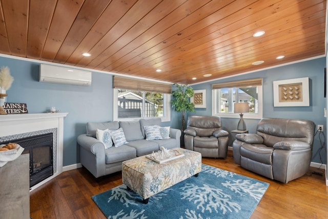 17 Clifford Ln, Wells, ME 04090 - living room featuring a wall unit AC, wooden ceiling, crown molding, wood finished floors, and recessed lighting