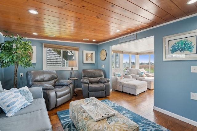 17 Clifford Ln, Wells, ME 04090 - living room with wood ceiling, plenty of natural light, crown molding, baseboards, and recessed lighting