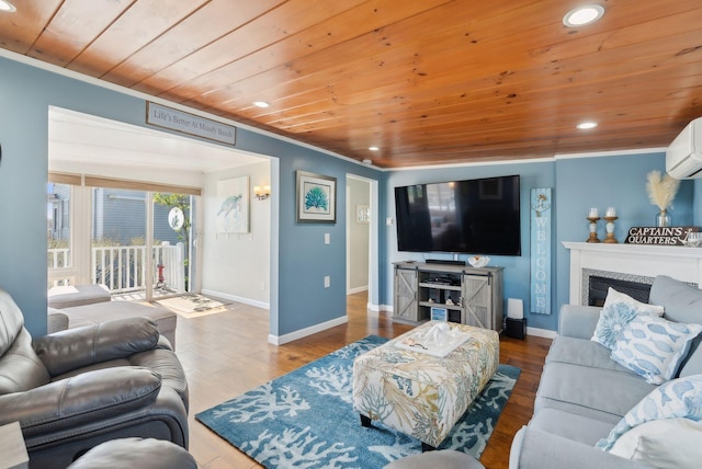 17 Clifford Ln, Wells, ME 04090 - living room featuring wood ceiling, crown molding, recessed lighting, baseboards, and wood finished floors