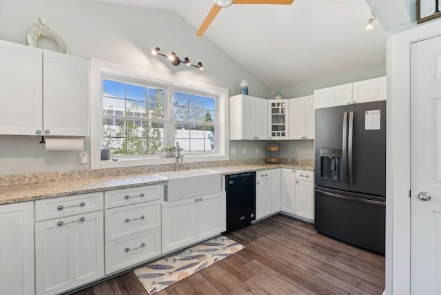 17 Clifford Ln, Wells, ME 04090 - kitchen featuring black appliances, lofted ceiling, white cabinetry, dark wood-style flooring, and glass insert cabinets