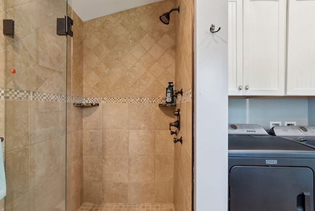 17 Clifford Ln, Wells, ME 04090 - bathroom with independent washer and dryer and a stall shower