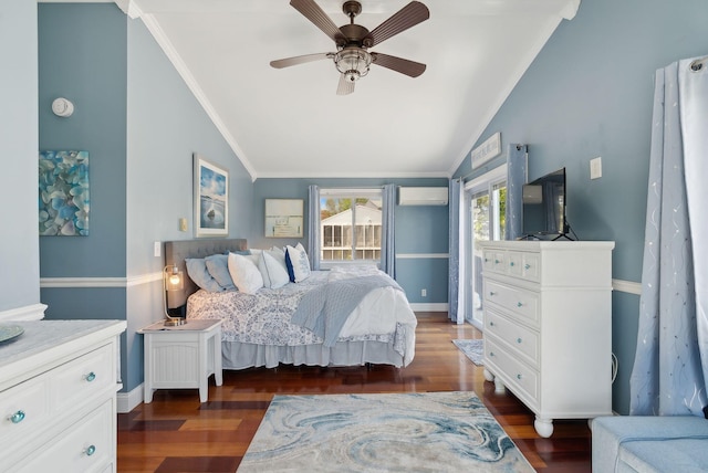 17 Clifford Ln, Wells, ME 04090 - bedroom featuring vaulted ceiling, wood finished floors, ornamental molding, a wall unit AC, and baseboards