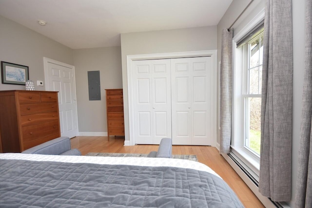bedroom featuring light wood finished floors, electric panel, a closet, and multiple windows