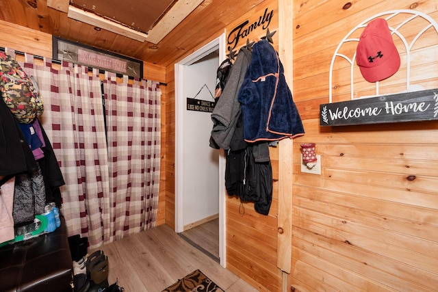 44 Sunset Ave, Wilton, ME 04294 - mudroom featuring wood ceiling, wood finished floors, and wood walls
