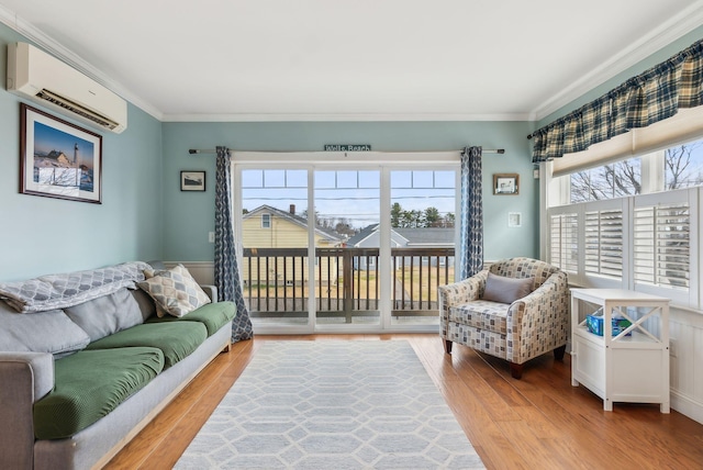 35 Barefoot Cottage Rd Unit 163, Wells, ME 04090 - interior space with light wood-type flooring, an AC wall unit, and ornamental molding
