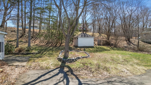 view of yard featuring an outbuilding and a shed