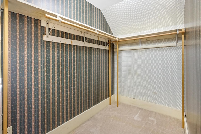 walk in closet with carpet flooring and lofted ceiling
