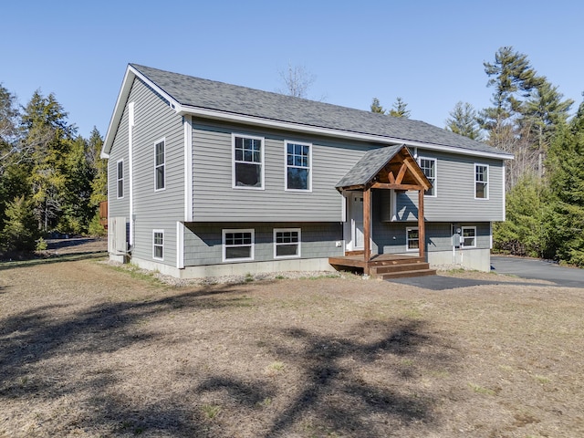 raised ranch featuring roof with shingles
