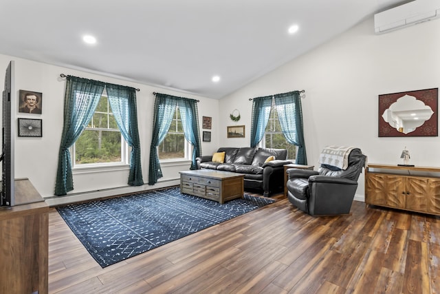 living area featuring an AC wall unit, vaulted ceiling, a baseboard radiator, dark wood finished floors, and recessed lighting