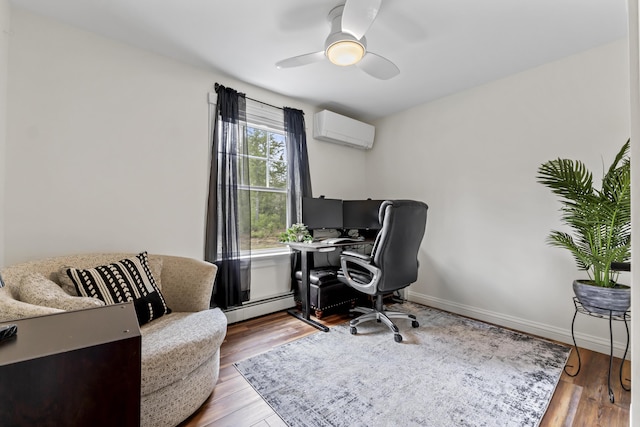 office with wood finished floors, a ceiling fan, baseboards, a baseboard radiator, and a wall mounted AC