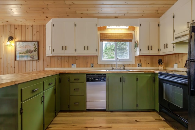 kitchen with a sink, wood ceiling, electric range, white cabinets, and dishwashing machine