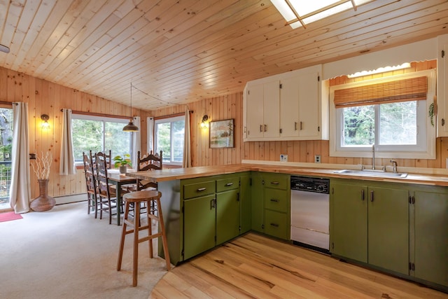 kitchen with a peninsula, a sink, green cabinetry, dishwashing machine, and wood ceiling