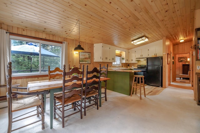 dining area with lofted ceiling, wooden walls, and wood ceiling