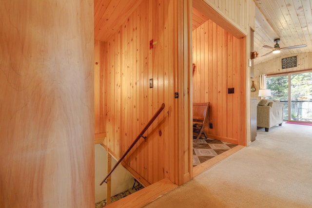 corridor with lofted ceiling, carpet floors, wood walls, and an upstairs landing