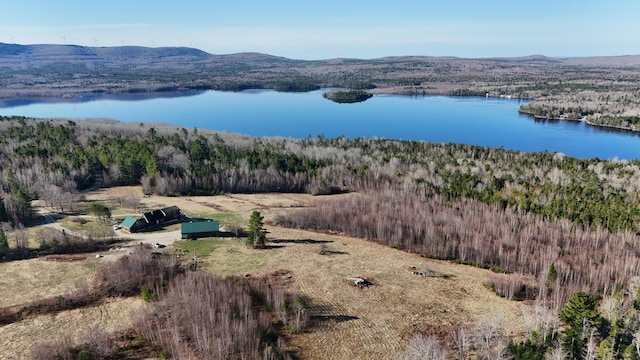 54 Folsom Ridge Rd, Burlington, ME 04417 - aerial view featuring a water and mountain view and a view of trees