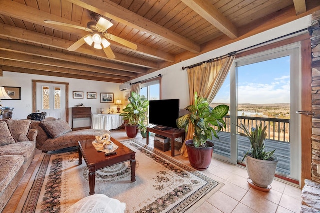 54 Folsom Ridge Rd, Burlington, ME 04417 - living room with wood ceiling, beam ceiling, light tile patterned floors, and a wall unit AC