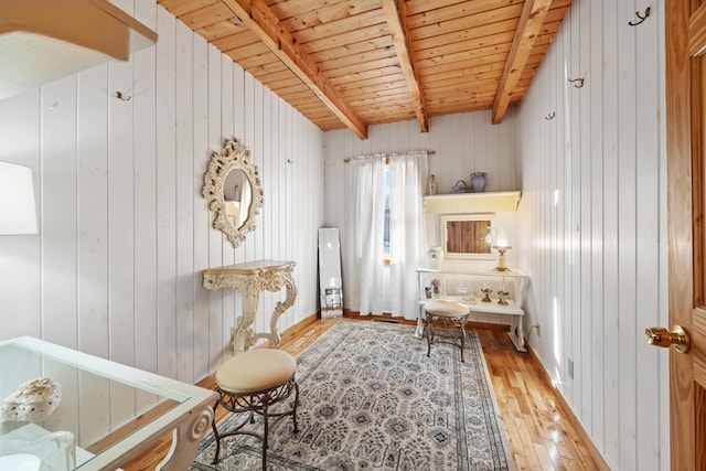 54 Folsom Ridge Rd, Burlington, ME 04417 - sitting room with wood ceiling, beam ceiling, wooden walls, and hardwood / wood-style flooring