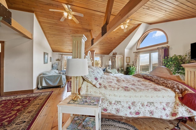 54 Folsom Ridge Rd, Burlington, ME 04417 - bedroom with wooden ceiling, wood-type flooring, baseboards, high vaulted ceiling, and a ceiling fan