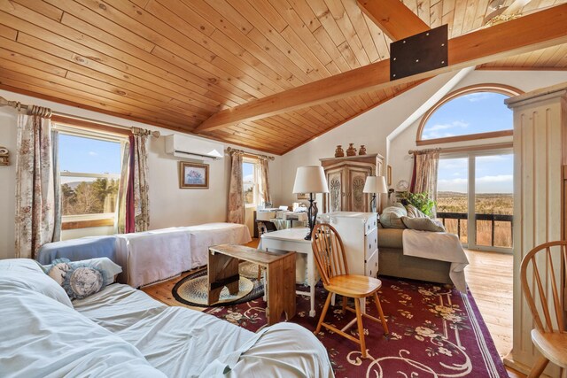54 Folsom Ridge Rd, Burlington, ME 04417 - interior space with wooden ceiling, vaulted ceiling with beams, hardwood / wood-style flooring, access to exterior, and a wall unit AC