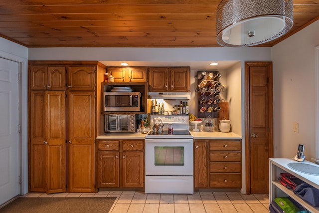 31 Pulpit Rock Rd, Raymond, ME 04071 - kitchen featuring white electric range, brown cabinets, wood ceiling, and recessed lighting