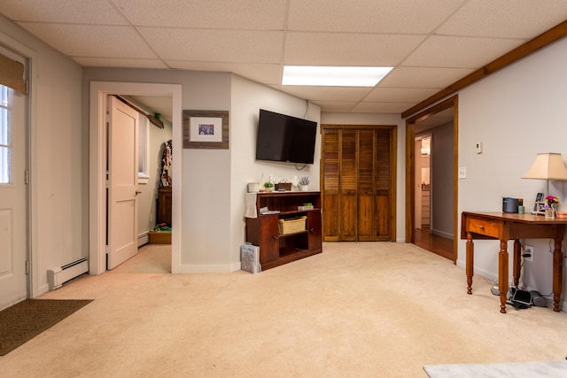 31 Pulpit Rock Rd, Raymond, ME 04071 - living area with a paneled ceiling, a baseboard heating unit, carpet floors, and baseboards