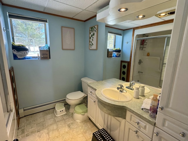 bathroom with baseboard heating, a shower stall, ornamental molding, and plenty of natural light