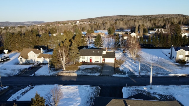snowy aerial view with a mountain view