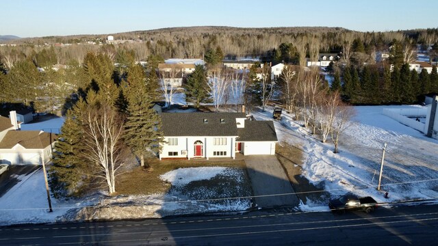 bird's eye view with a wooded view