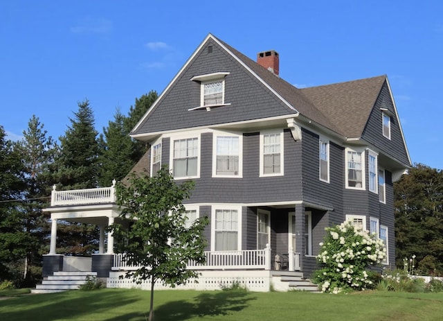 36 Cutler Rd, East Machias, ME 04630 - view of front of home with covered porch, a chimney, a front lawn, a balcony, and a shingled roof
