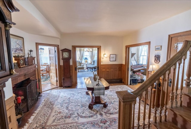 36 Cutler Rd, East Machias, ME 04630 - entrance foyer featuring wainscoting, stairs, and wood finished floors