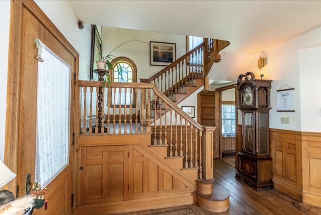 36 Cutler Rd, East Machias, ME 04630 - stairway featuring wood finished floors, wainscoting, and wooden walls