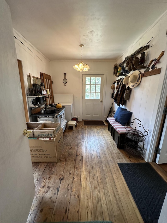 36 Cutler Rd, East Machias, ME 04630 - mudroom with hardwood / wood-style flooring, a chandelier, and ornamental molding